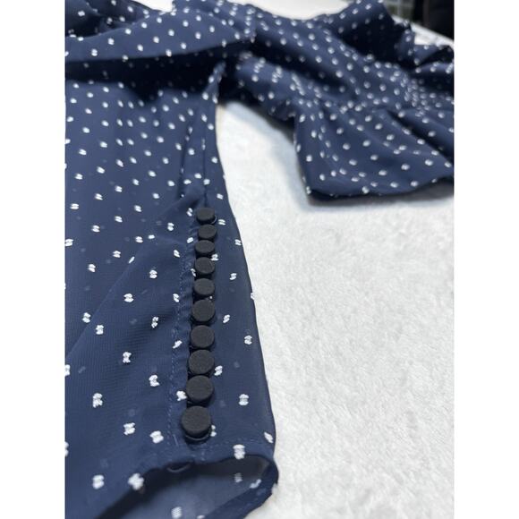 Self-Portrait Navy White Swiss Dot Plumetis Frilled One Shoulder Blouse Top SZ 6 - Picture 3 of 8